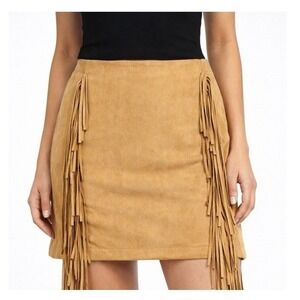 Lucky & Blessed Mustard Tan Faux Suede Fringe Mini Skirt NWT Womens Medium NWT